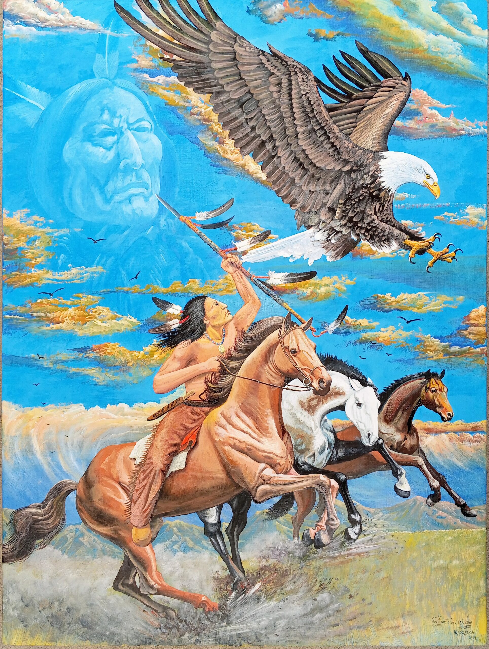 Dimension: 45x60 cm. Tecnica: Oleo en cuero Tema: Caballo Loco Autor: Gustavo Toaquiza 10 de febrero 2026 Ltg Ecuador.